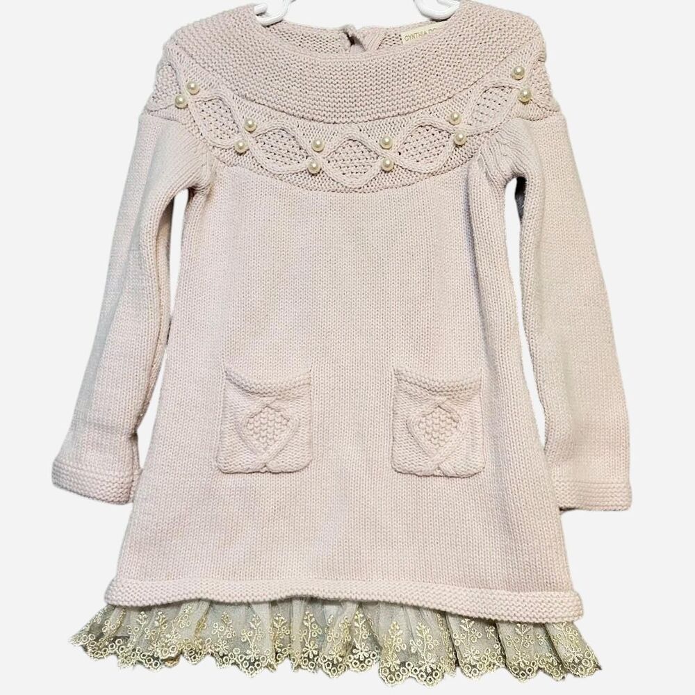 Cynthia Rowley Girls 3T Cream and Gold Lace Pearl Sweater Dress